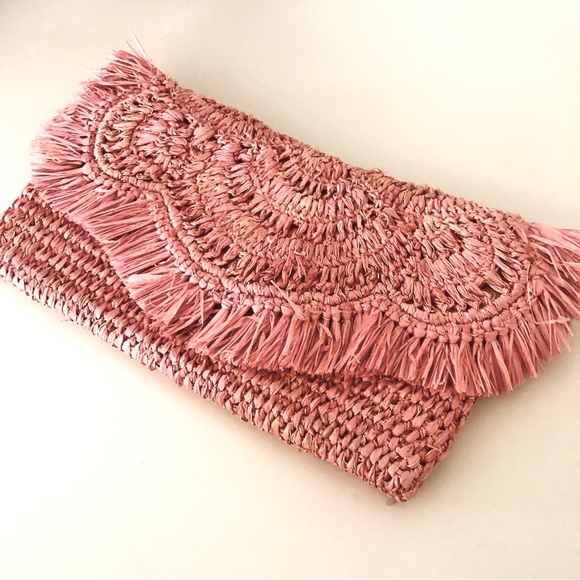 Nordstrom Brand Pink / Metallic Raffia Straw Clutch Bag. - Picture 3 of 11